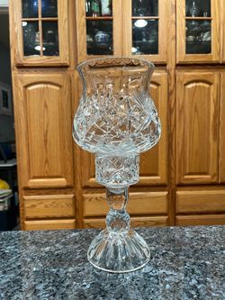 Vintage Heavy Beautiful Cut Crystal Glass Hurricane Candle Holder Tea Light Lamp. Size approximately 12 inches tall. Brand new never used. Has bee