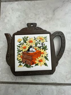 Vintage • 2 Cast Iron• Ceramic Tile Trivet •Flowers and Coffee Grinder • Made in Taiwan. Read Description .