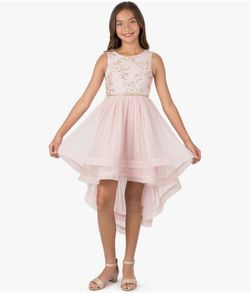 Pink Girls size 16 Tween Maxi Dress with Wide Ribbon Hem for Formal Dance Or Party, Rose/Gold
