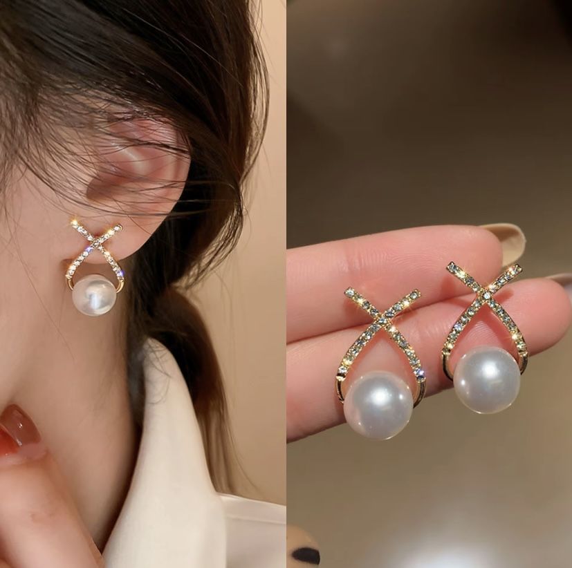 Luxury 925 Silver Pearl 18K Gold Plated Crystal Diamond Elegant Stud Earrings