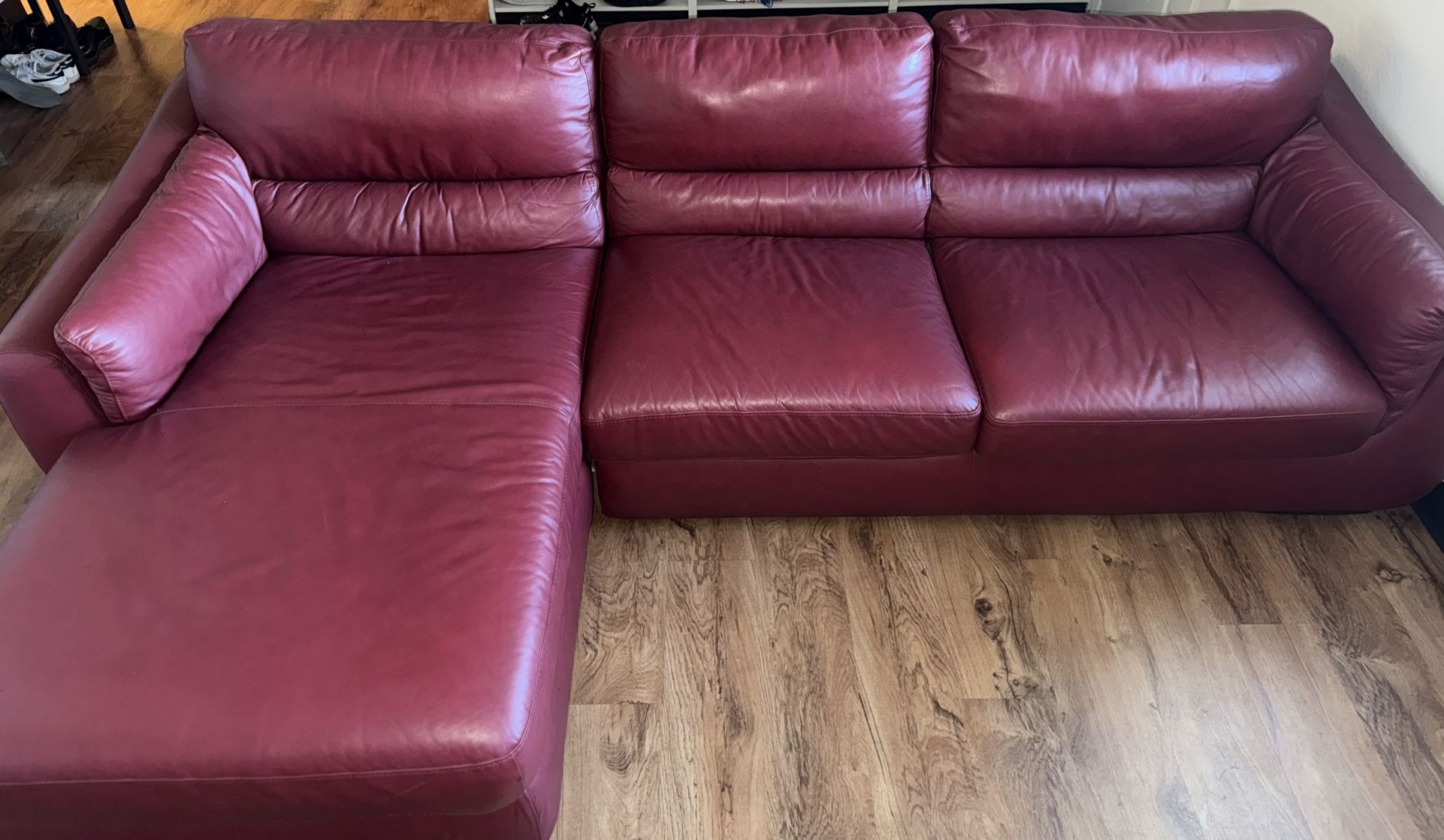 Vintage Red Leather Sectional Couch – 9ft x 5ft L-Shape – $200 OBO