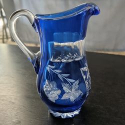 Vintage Cobalt Blue cut  clear Crystal Pitcher 
