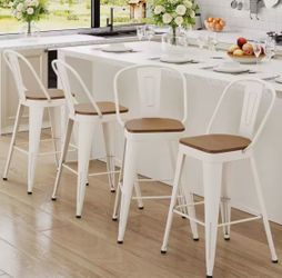 White Metal Bar Stools with Wood Seats – Set of 4