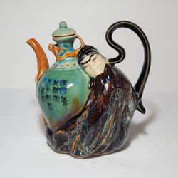 Chinese Ceramic Majolica Sleeping Li Bai Saki Wine or Tea Pot 