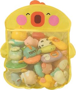 Cartoon Duck Hanging Mesh Bath Toy Storage, Shower Holder with Hook for Baby Bathroom, Yellow