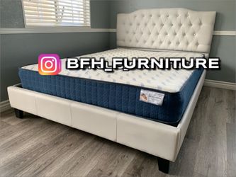 Queen white Crystal button bed with ortho mattress included