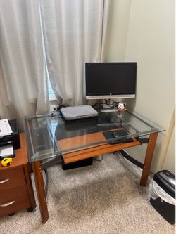 Glass Office Desk w/ Matching Rolling Cabinet