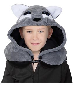 Airplane Kids Travel Pillow - Neck Pillow for Sleeping Travel Comfort Chin Support Memory Foam Pillow Case Cover Set with Wolf Hood for Flight Car Sea