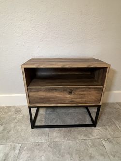 NEW - Nightstand / Side Table / Accent Table - with Open Shelf and Storage Drawer - Mid-century, Modern - Black Metal Frame, Rustic brown Faux Wood