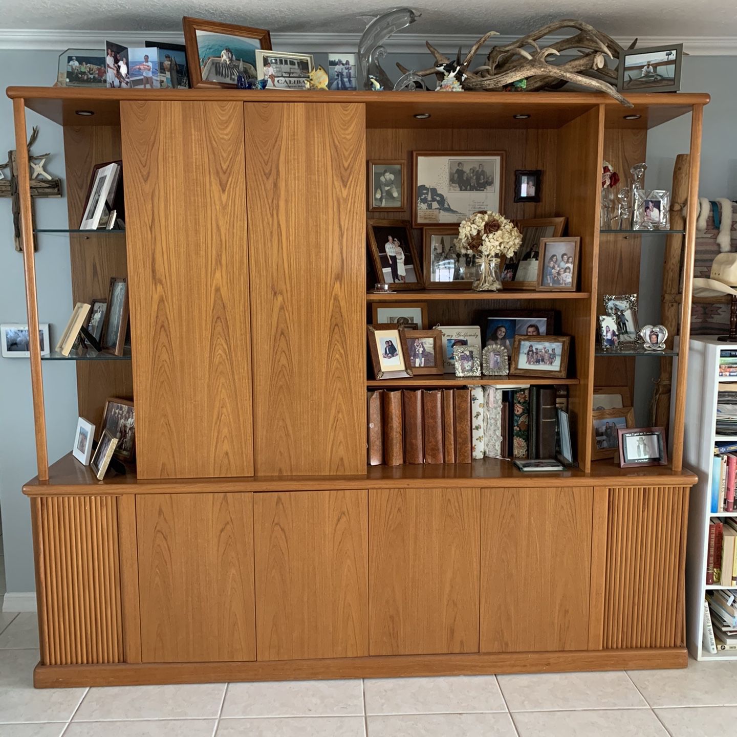 Solid Teak Custom Wall Unit With Built In Stereo System And Shelves