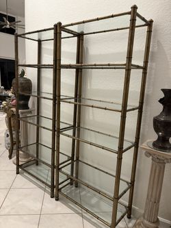 2 MCM HOLLYWOOD REGENCY PALM BEACH COASTAL VINTAGE METAL BAMBOO 74” ETAGERE BOOKCASE WALL UNITS. Glass Shelves. Great Pair!