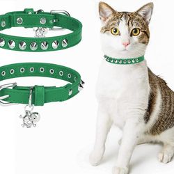 Leather Cat Collar with Bell, Safety Elastic Belt, Rivets Stud - Green 8-12"