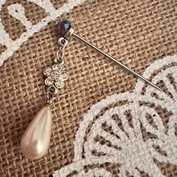 Steel Silver Tone Crystal Flower & Dangle Tear Drop Pearl w/ Bluish Purple Top