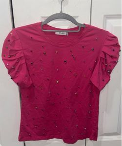 Pink Rhinestone Embellished Ruffle Sleeve Top