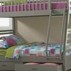 BUNK BEDS Twin Over Full Bunk Bed In Grey FREE MATTRESSES
