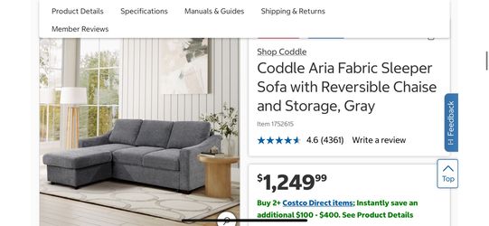 Coddle Aria Fabric Sleeper Sofa with Reversible Chaise and Storage, Gray - Brand new