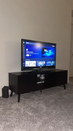 GIANNA Mid-Century Modern Wooden TV Stand for 55-60” TVs, 2 Storage Cabinets, Adjustable Shelf, Cable Management, Sturdy Legs, Easy Assembly, Black