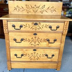 Antique 3 Drawer Carved Dresser On Castors - Nice!