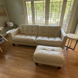 Classic ivory leather sofa & ottoman