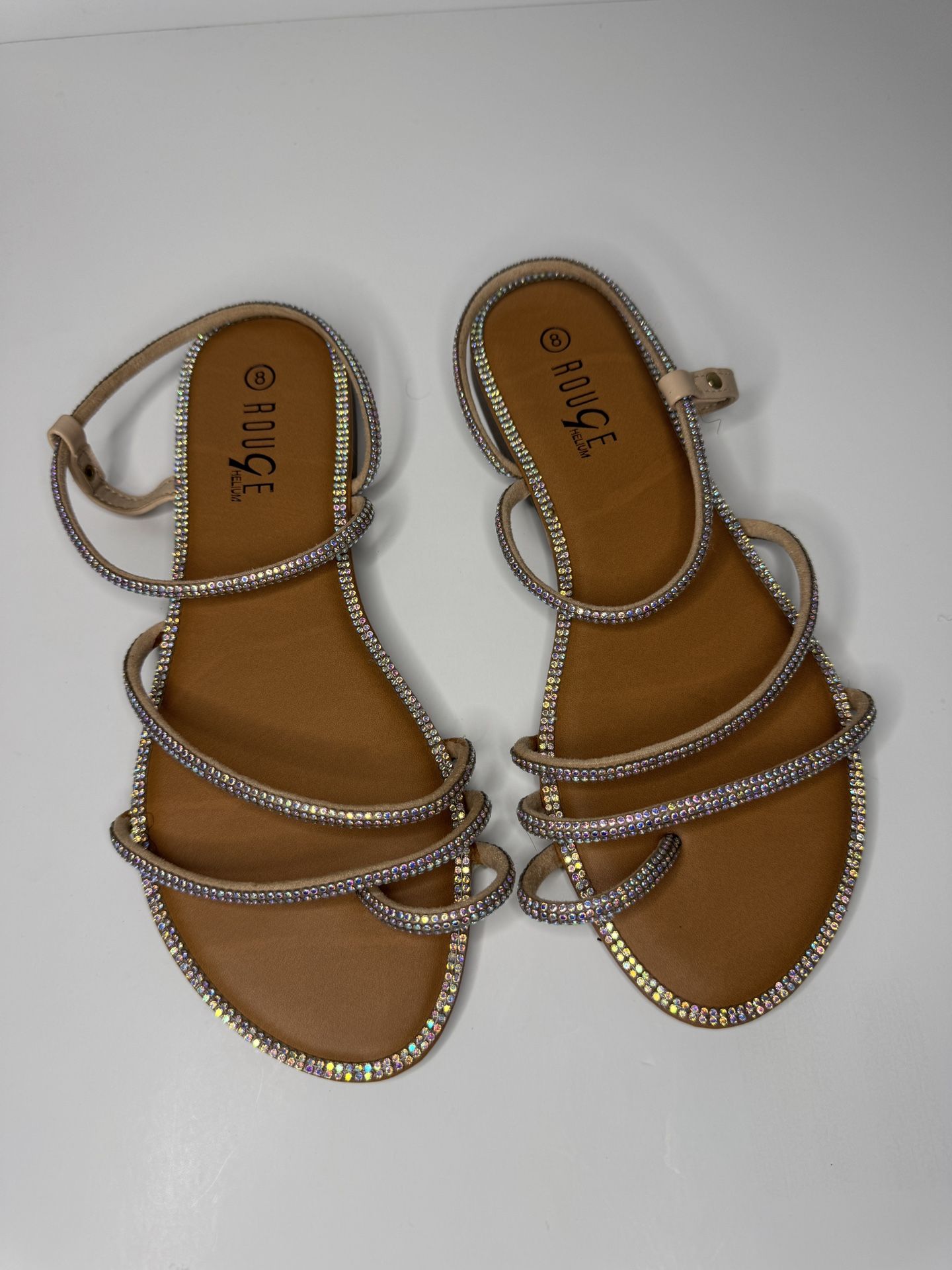 Sparkly Flat Roman Sandals For Women With Elastic Band And Metal Rhinestone Strap Size 8