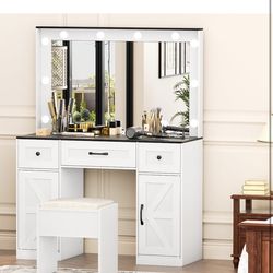 Vanity Desk with Mirror, 3 Color Modes Lights and Power Outlet, Makeup Table with 3 Drawers, 2 Cabinets, and Cushioned Stool for Bedroom, Dressing Roo