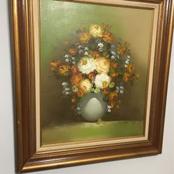 Oil On Canvas Painting Of Floral Vase
