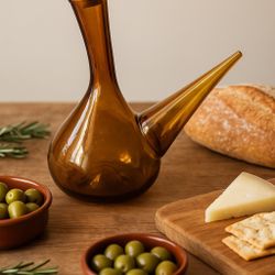 Spanish Vintage 1970s Amber Hand-Blown Glass Porrón Wine Pitcher, 1.5x9”