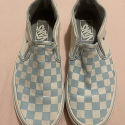 Vans Classic Slip-On Checkerboard shoes in a light blue and white colorway 