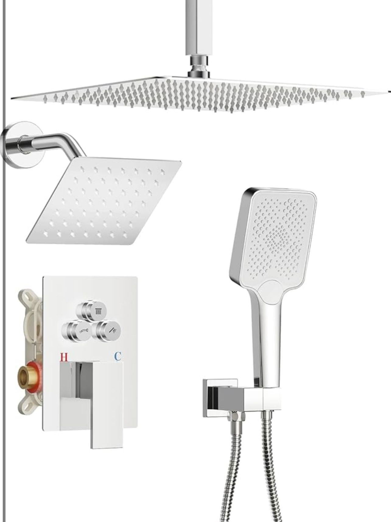 Brand New In The Box- Shower Faucet Set, 12" Ceiling Mount Rainfall Shower System with 2 Rain Shower Head and Multi-function Handheld Head Push Button