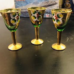 3 Rare Beautiful Med Century Antique Italian Murano Glass With Actual Gold Design Dessert Glasses 