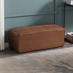 Rectangular Vegan Leather Ottoman Bench Pouf Pouffe Upholstered Foot Stool with Two Side Handle for Living Room Kids Room Bedroom, Brown(18 * 40 * 16 