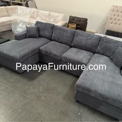 New! Grey 120”L Double Chaise Sectional Sofa, Corduroy Sectional, U-Shaped Sectional, Grey Sectional With Chaise, Soft Plush Sectional,Sofa,Sectional 