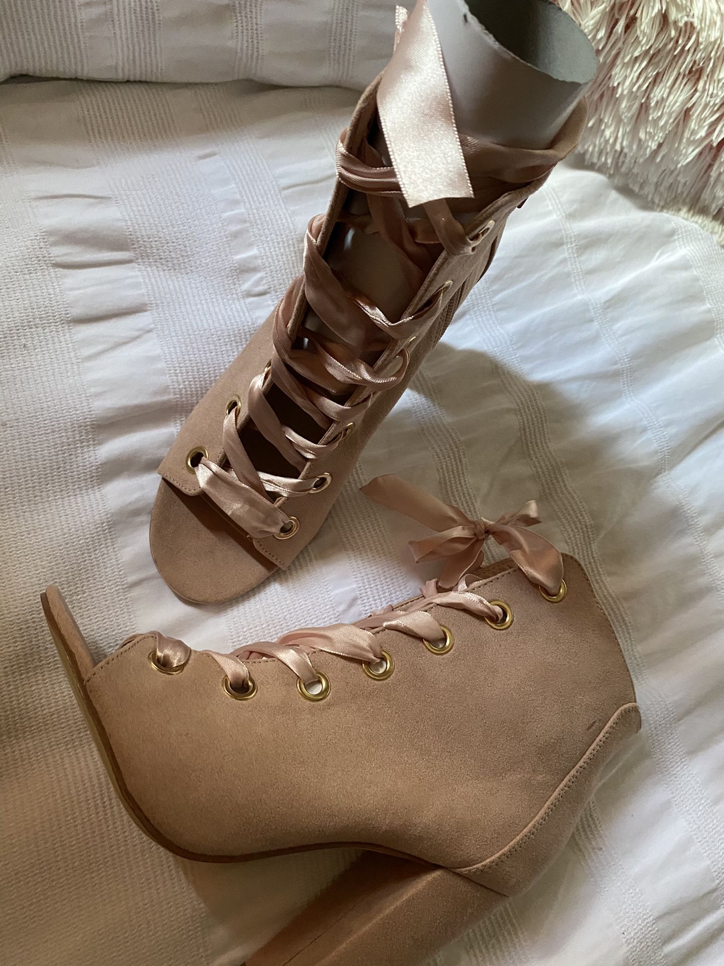 4 in. Soft Pink JUSTFAB Suede Heels with Silk Laces