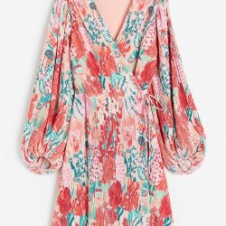 H&M Floral Pleated Wrapover Balloon Sleeve Dress Size Medium