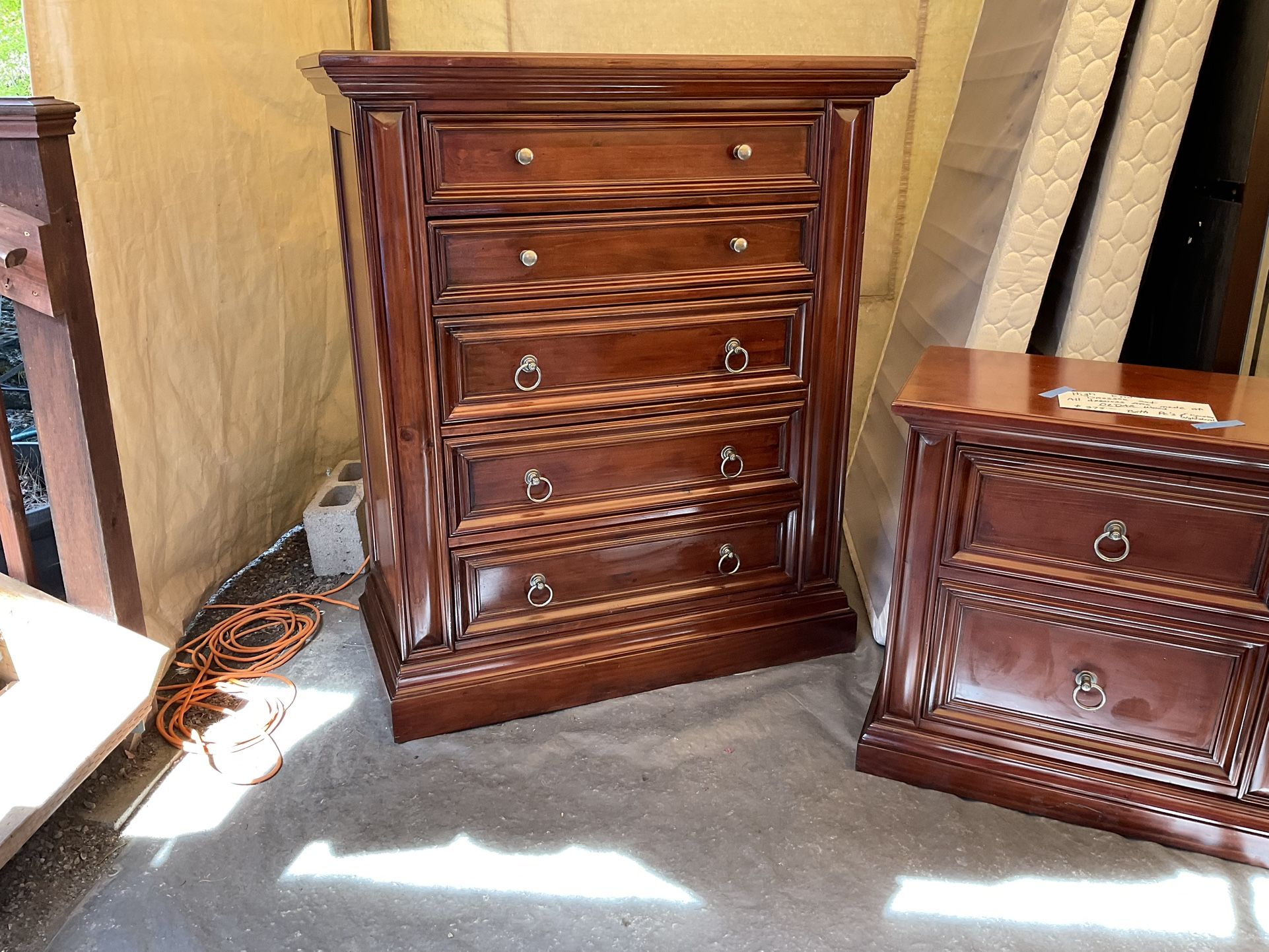 Solid Wood Upright Tall Dresser & Matching Nightstand Set From High End Furniture Store