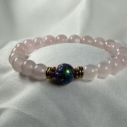 Rose Quartz & Rainbow Titanium Plated Lava Stone Beaded Bracelet 