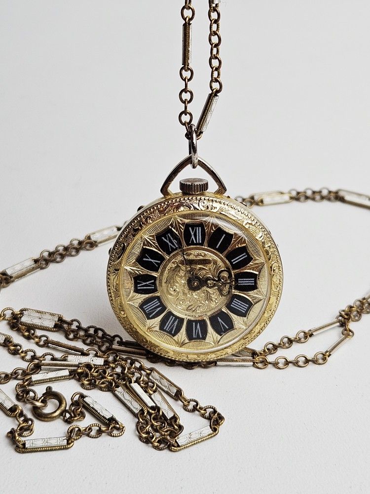 VTG Lucerne Roman Numerals Pendant Necklace Wind Up Pocket Watch