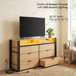 6-Drawer LED Oak Dresser TV Console w/ Outlets