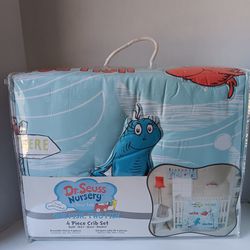New Dr. Seuss Nursey Crib Bedding 4 pc Set. " One Fish Two Fish" Baby Gift Set 