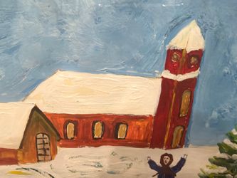 Maria Kallirroi Original Folk Art Winter Village Painting — Children Playing in Snow, Signed & Frame