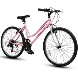 Kiapalno 24"/26" Women/Girls 21 Speed Mountain Bike, Front Suspension w/Carbon Steel Frame, Pink