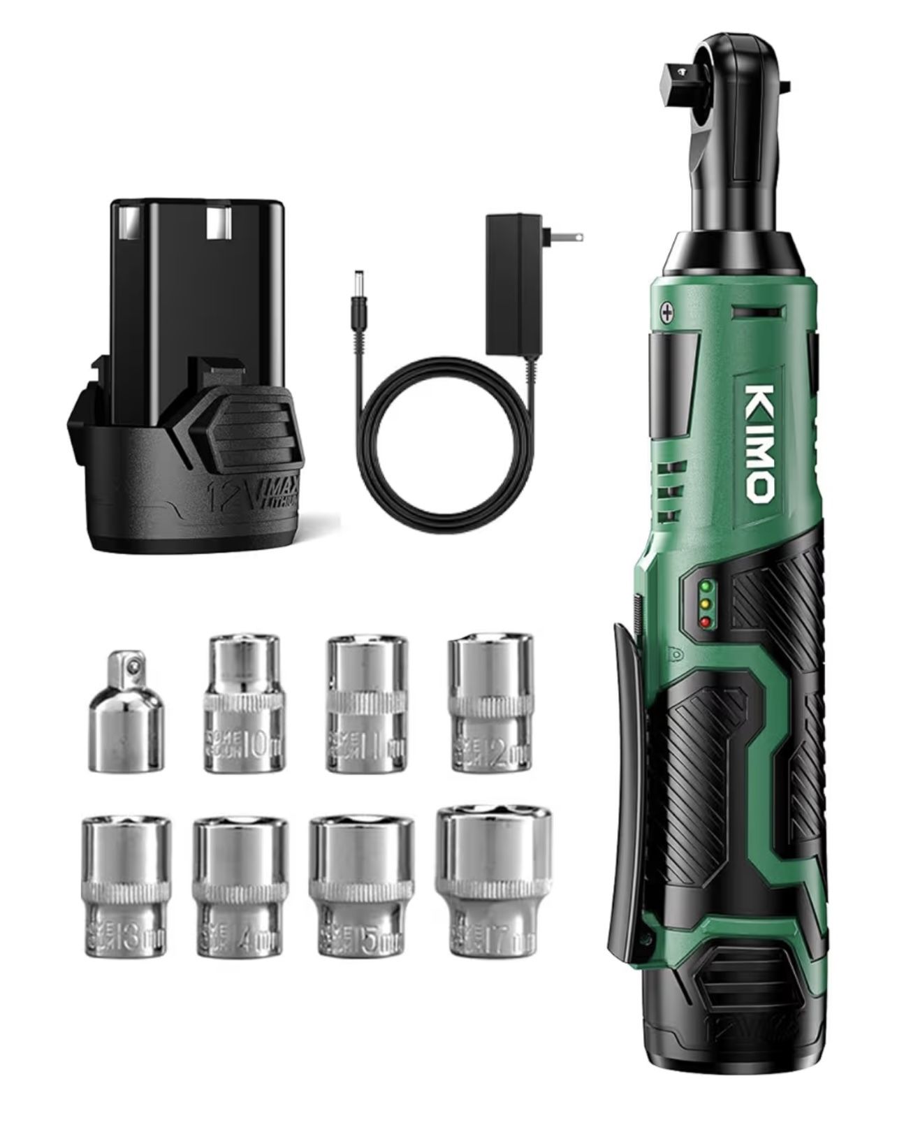 Cordless Electric Ratchet Wrench Set, 40Ft-lbs, 400RPM, 12V Cordless Ratchet Wrench 3/8" w/ 60-Min Charger, 7Sockets, 1/4" Adapter, Forward/Reverse Sw