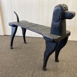 Carved Wood Black Dog Bench - Primitive, Folk Art
