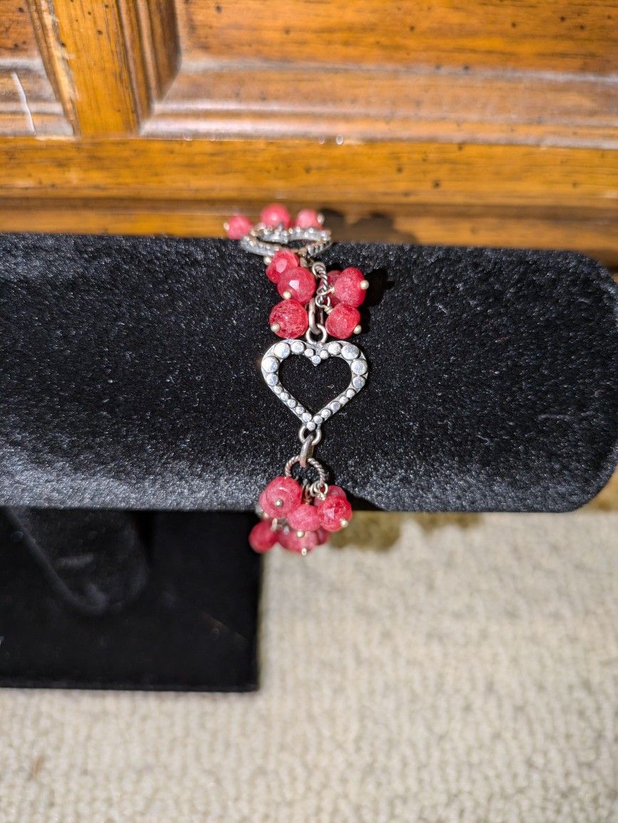 Signed Lori Bonn Sterling Silver Red Gemstone Heart Link Toggle Bracelet