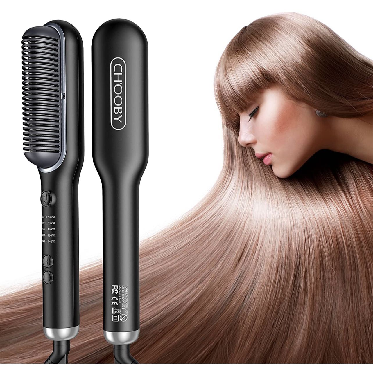 Hair Straightener Brush, Anion Straightening Brush, CHOOBY Hair Straightening Iron with Built-in Comb, 30s Fast Heating & 5 Temp Settings & Anti-Scald
