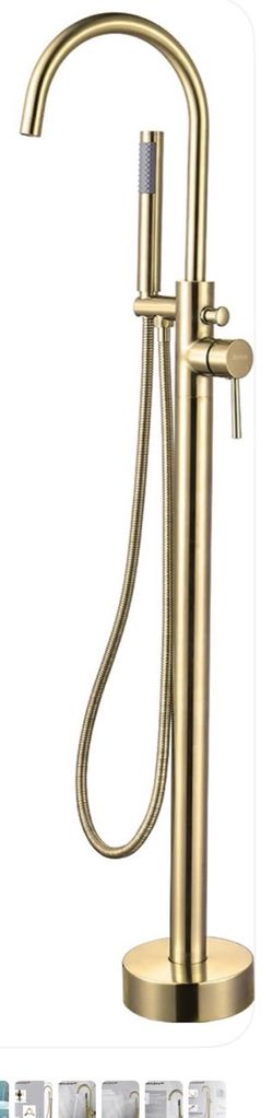 Stunning Brushed Gold Free-Standing Floor-Mount Tub Faucet with Sprayer. High Flow. 45" Tall