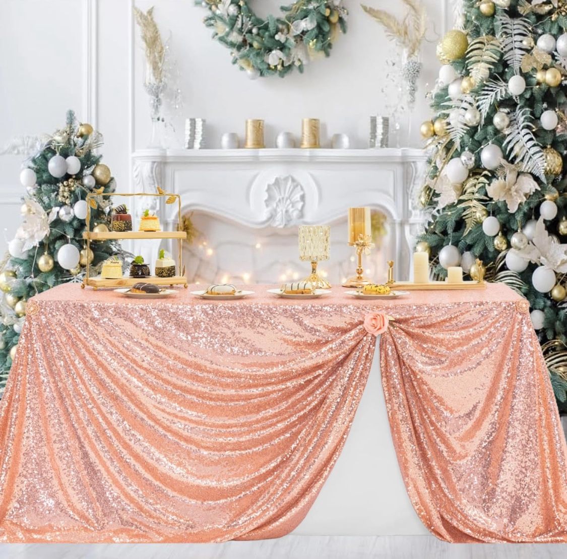 Rose Gold Christmas Sequin Table Cloths 50X80 inch for Parties, Glitter Shiny Overlay Cover Fitted Rectangle 4 FT Food Dessert Cake Tables for Birthda