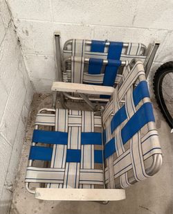 Pair of Vintage Sunbeam Aluminum Webbed Folding Lawn Chairs - Blue & White