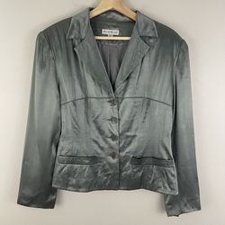 BEBE Vintage Y2K Silver Grey Satin Button Up V Neck Collared Blazer Jacket