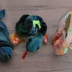 3 TY Beanie Babies 1 Snake 2 Chameleons 